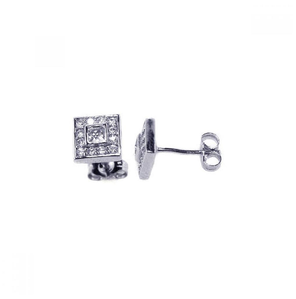 .925 Sterling Silver Rhodium Plated Micro Pave Clear Square Cz Stud Post Earring