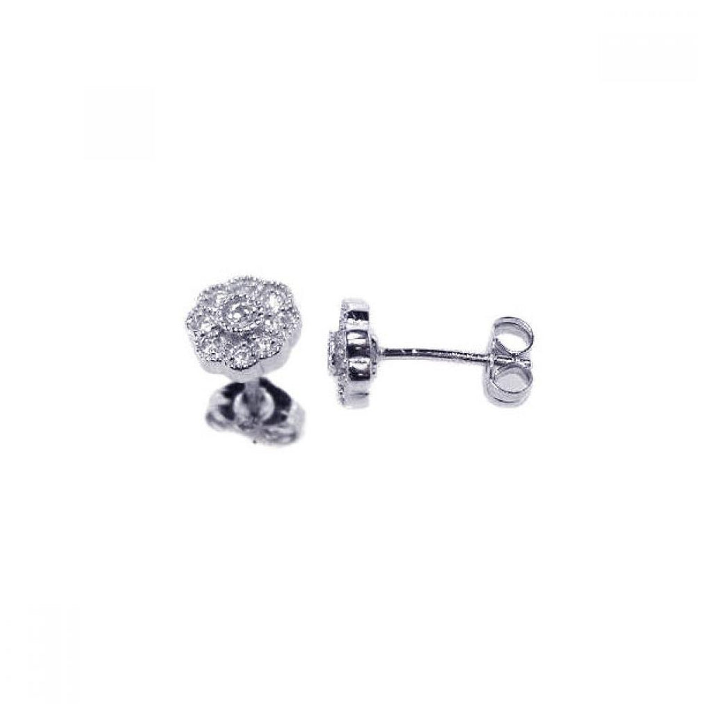 .925 Sterling Silver Rhodium Plated Micro Pave Clear Flower Cz Stud Post Earring