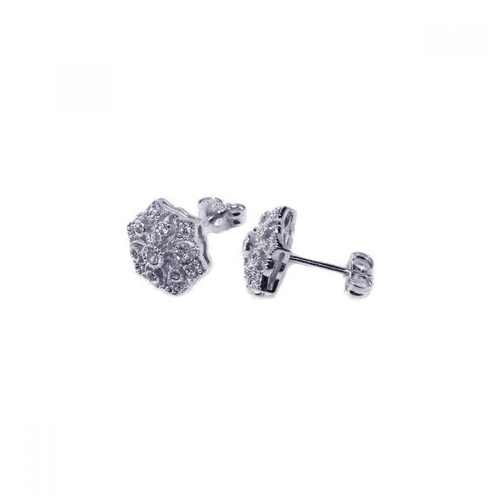 .925 Sterling Silver Rhodium Plated Micro Pave Clear Flower Filigree Cz Stud Post Earring