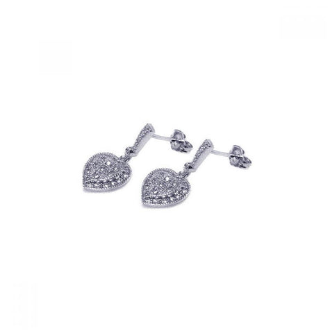 .925 Sterling Silver Rhodium Plated Micro Pave Clear Heart Inlay Cz Dangling Stud Earring