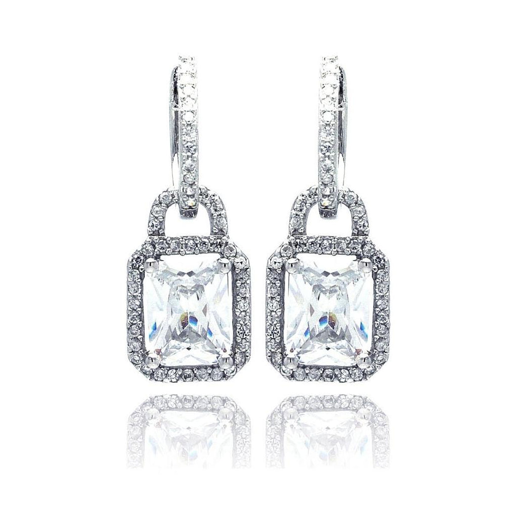 .925 Sterling Silver Rhodium Plated Micro Pave Clear Square Cz Dangling Earring