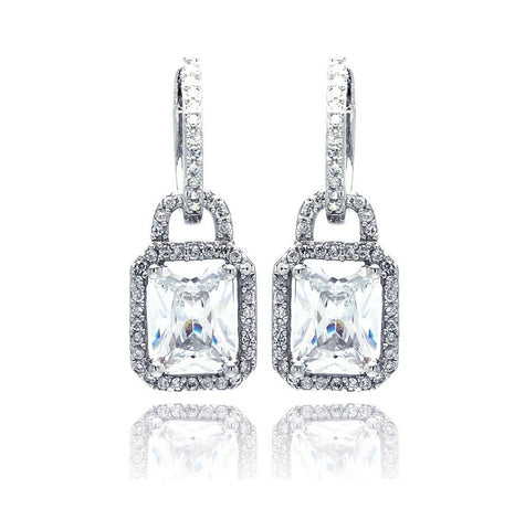 .925 Sterling Silver Rhodium Plated Micro Pave Clear Square Cz Dangling Earring