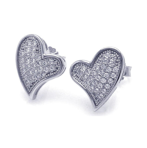 .925 Sterling Silver Rhodium Plated Micro Pave Clear Curvy Heart Cz Stud Earring