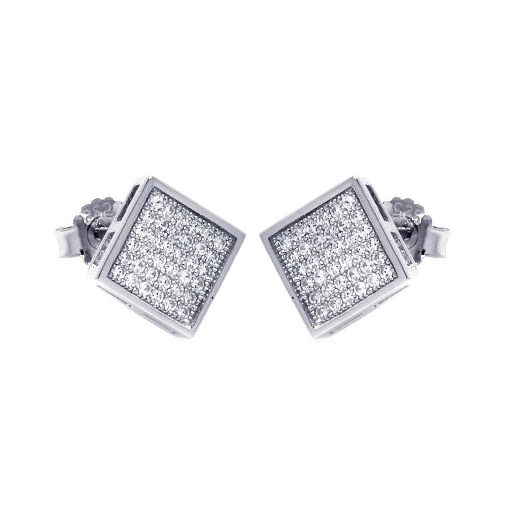 .925 Sterling Silver Rhodium Plated Micro Pave Clear Square Cz Stud Earring