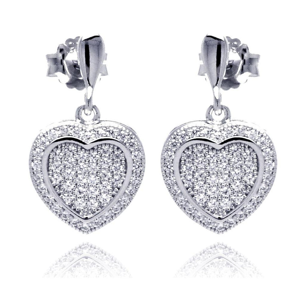 .925 Sterling Silver Rhodium Plated Micro Pave Heart Clear Cz Dangling Stud Earring