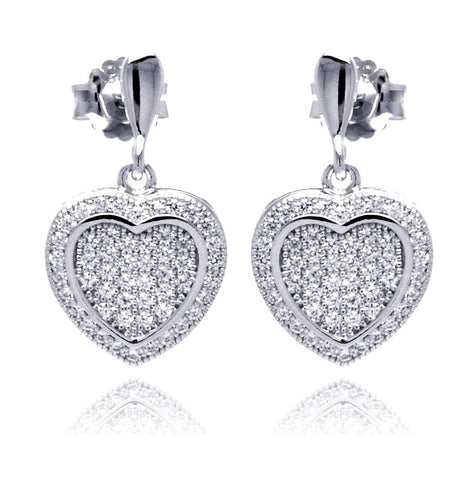 .925 Sterling Silver Rhodium Plated Micro Pave Heart Clear Cz Dangling Stud Earring