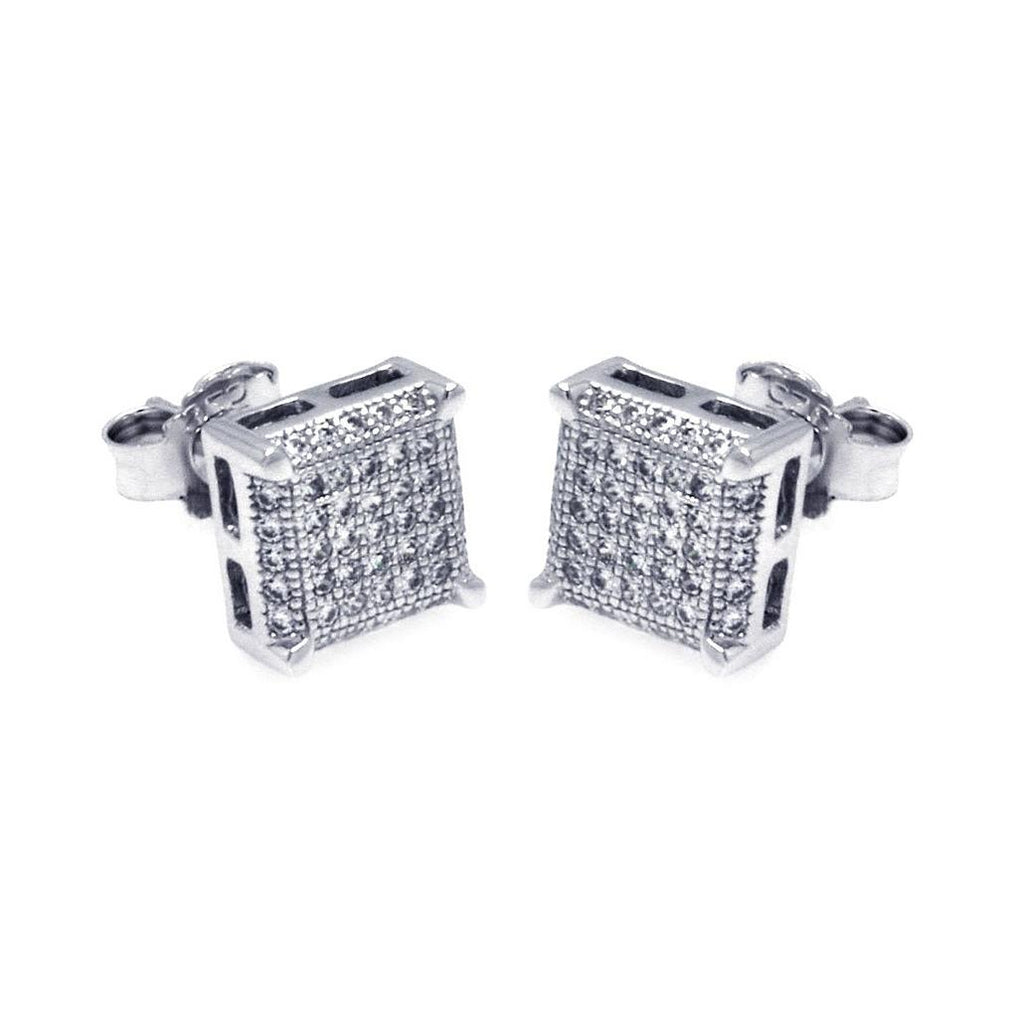 .925 Sterling Silver Rhodium Plated Micro Pave Clear Square Cz Stud Earring