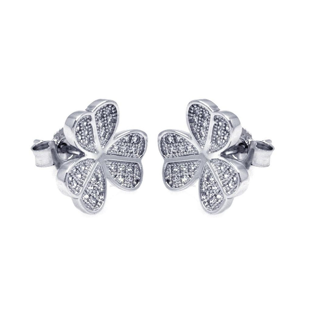 .925 Sterling Silver Rhodium Plated Micro Pave Clear Clover Cz Stud Earring