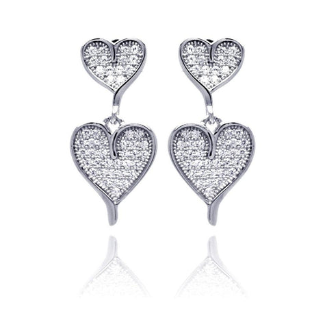 .925 Sterling Silver Rhodium Plated Micro Pave Clear Graduated Heart Cz Dangling Earring