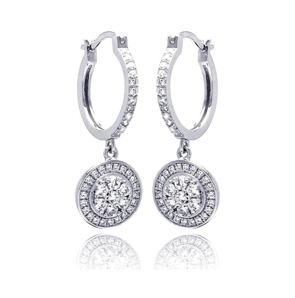 .925 Sterling Silver Rhodium Plated Micro Pave Clear Round Cz Wire Dangling Hoop Earring