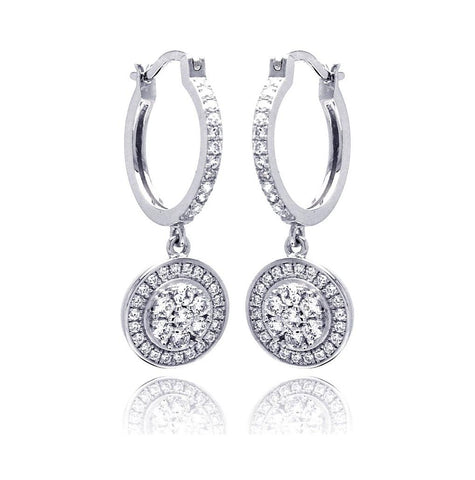 .925 Sterling Silver Rhodium Plated Micro Pave Clear Round Cz Wire Dangling Hoop Earring