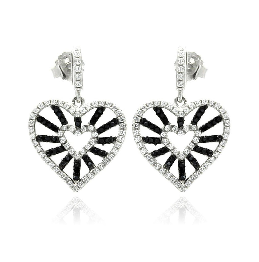 .925 Sterling Silver Rhodium Plated Micro Pave Black & Clear Open Heart Cz Dangling Stud Earring