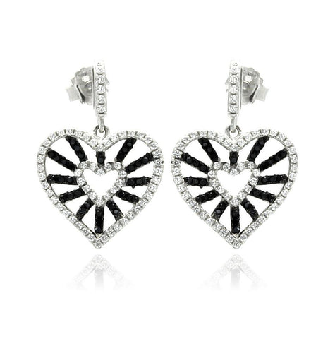 .925 Sterling Silver Rhodium Plated Micro Pave Black & Clear Open Heart Cz Dangling Stud Earring