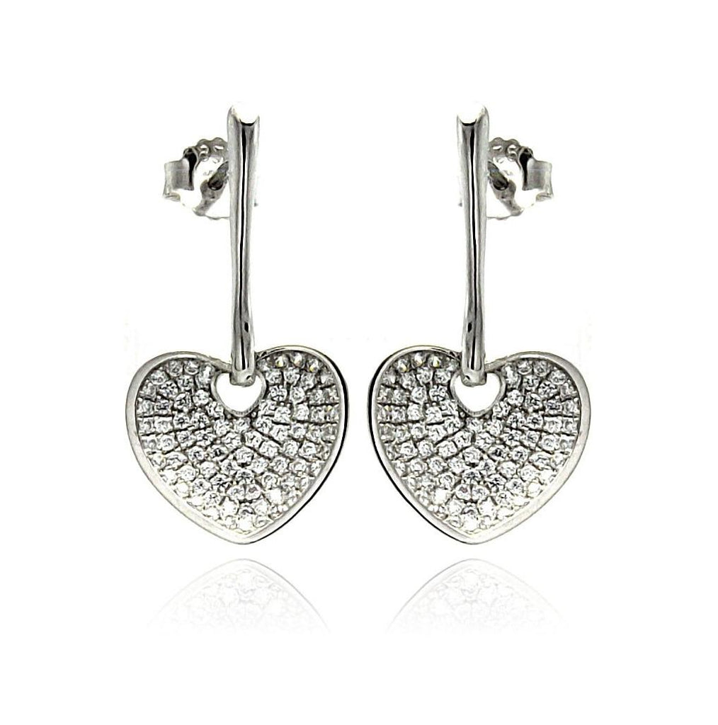 .925 Sterling Silver Rhodium Plated Micro Pave Clear Heart Cz Dangling Stud Earring