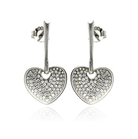 .925 Sterling Silver Rhodium Plated Micro Pave Clear Heart Cz Dangling Stud Earring