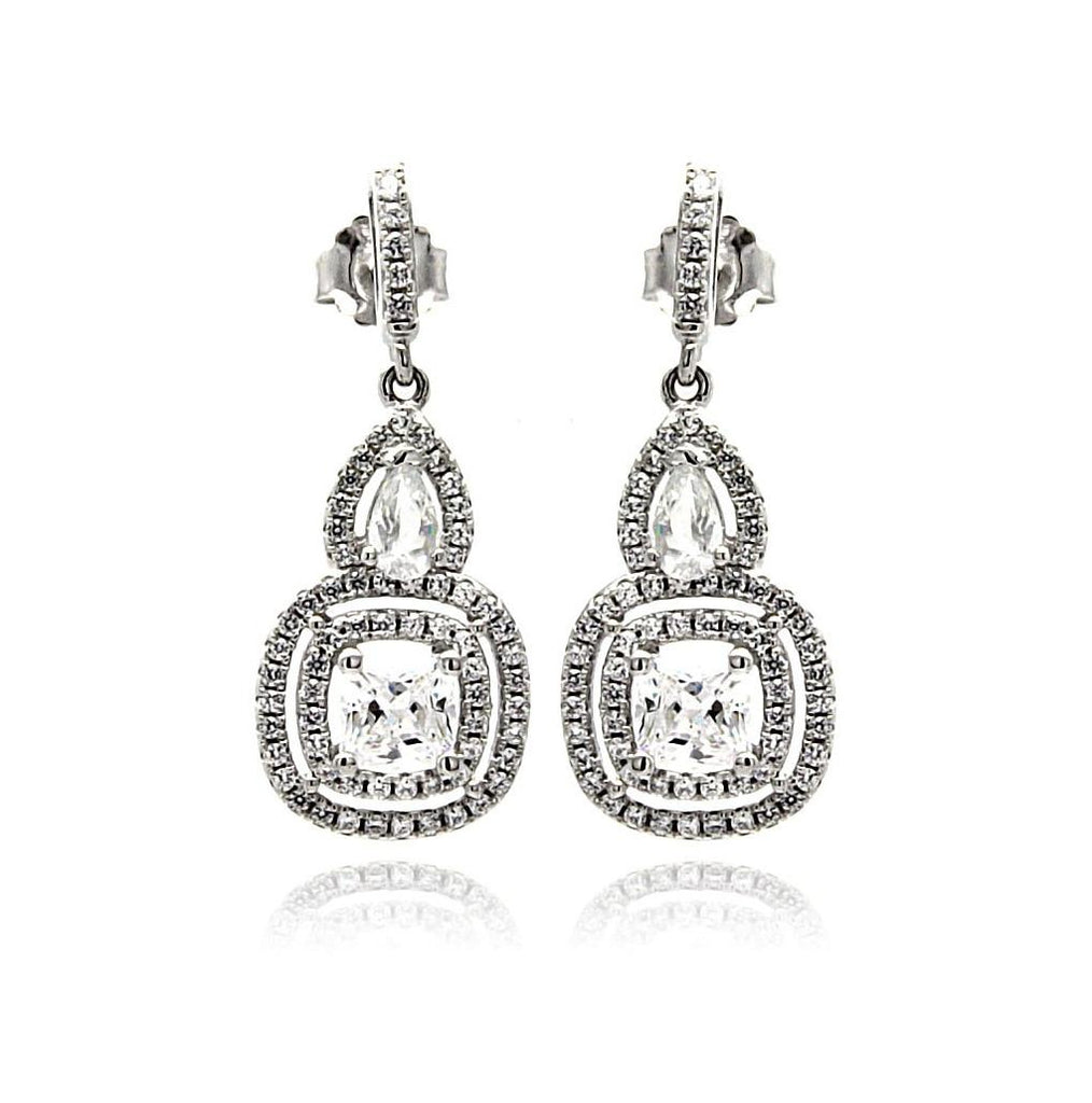 .925 Sterling Silver Rhodium Plated Micro Pave Clear Teardrop Square Cz Dangling Stud Earring