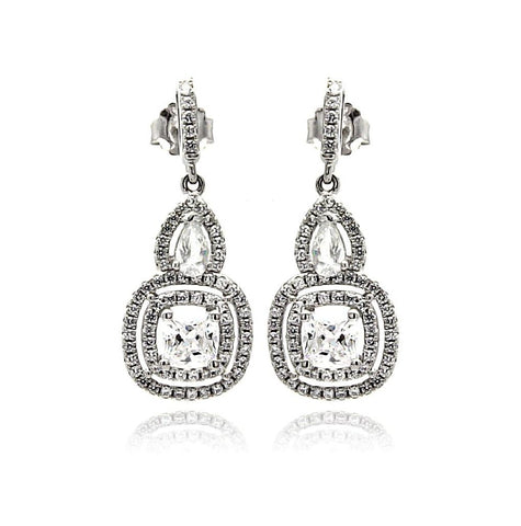 .925 Sterling Silver Rhodium Plated Micro Pave Clear Teardrop Square Cz Dangling Stud Earring