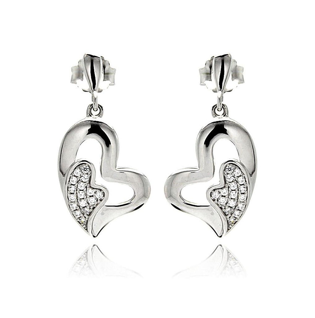 .925 Sterling Silver Rhodium Plated Micro Pave Clear Heart Inlay Cz Dangling Earring