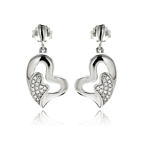 .925 Sterling Silver Rhodium Plated Micro Pave Clear Heart Inlay Cz Dangling Earring