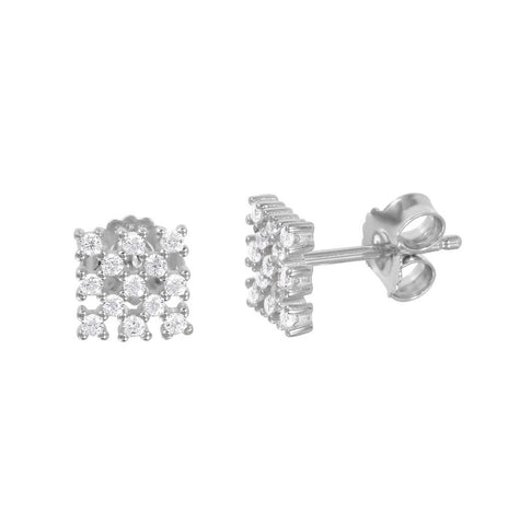 .925 Sterling Silver Rhodium Plated Small Square Checkered Cz Stud Earrings