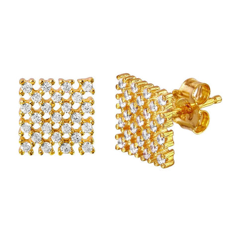 .925 Sterling Silver Gold Plated Checkered Cz Stud Earrings