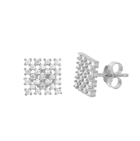 .925 Sterling Silver Rhodium Plated Checkered Cz Stud Earrings