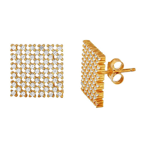 .925 Sterling Silver Gold Plated Large Checkered Cz Stud Earrings