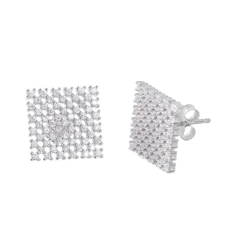 .925 Sterling Silver Rhodium Plated Large Checkered Cz Stud Earrings