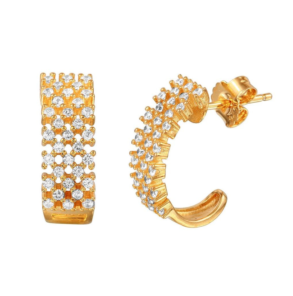 .925 Sterling Silver Gold Plated Checkered Cz Huggies Earrings