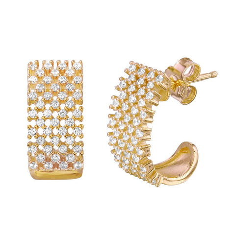 .925 Sterling Silver Gold Plated Thick Checkered Cz Huggies Earrings