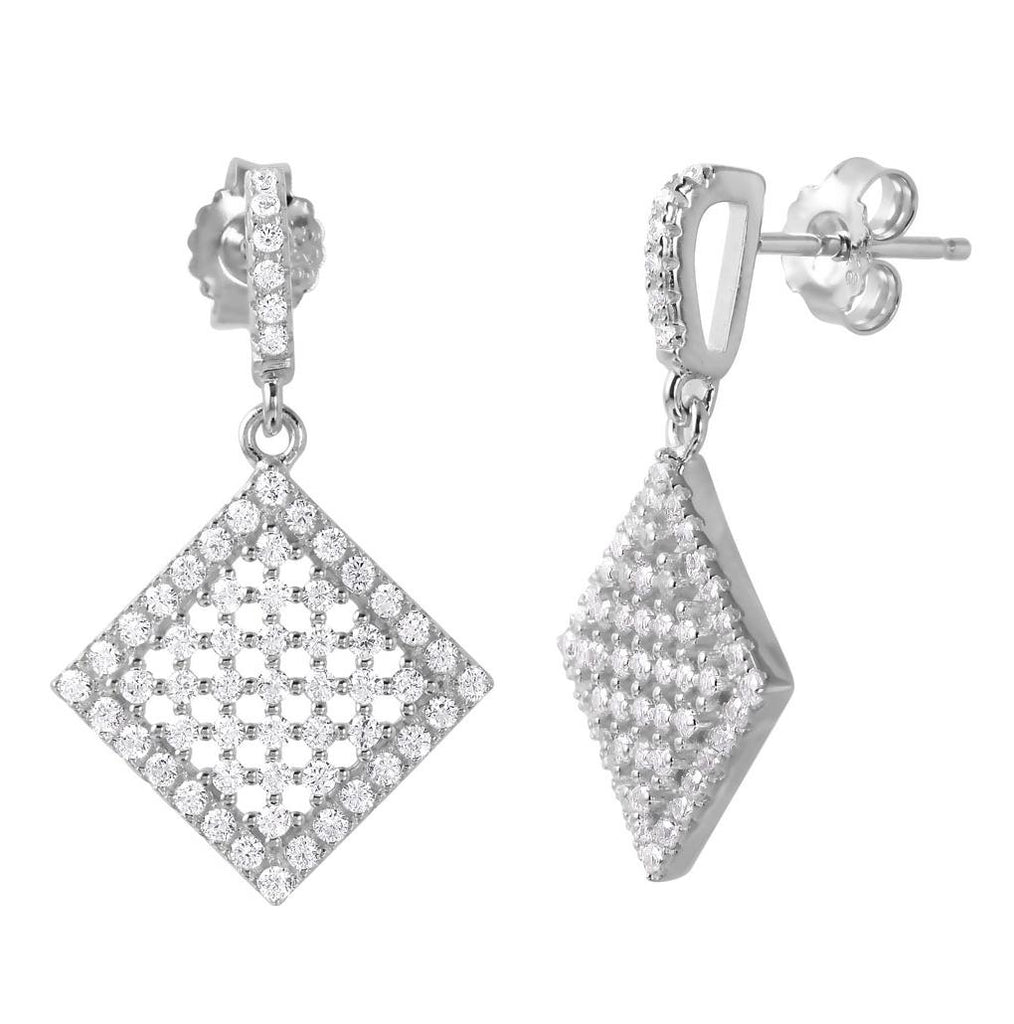 .925 Sterling Silver Rhodium Plated Halo Square Cz Earrings