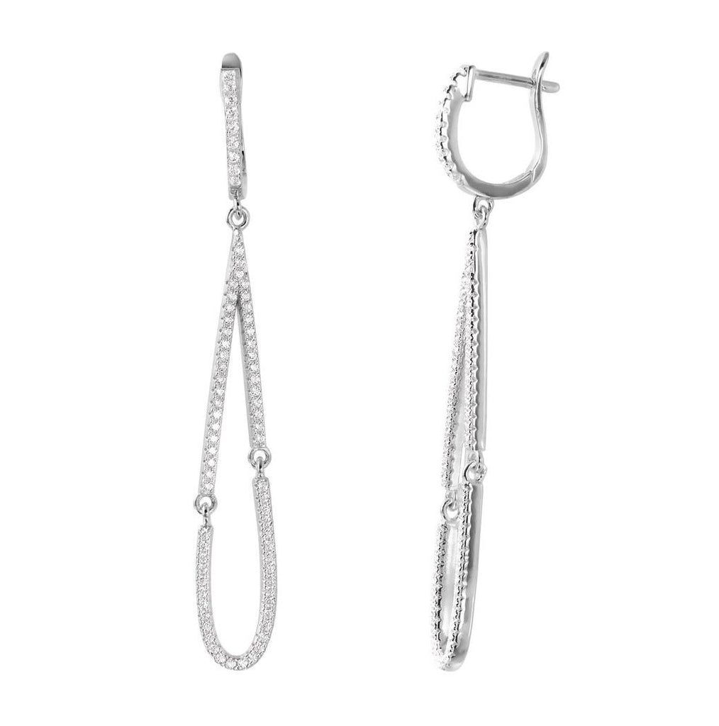 .925 Sterling Silver Rhodium Plated Dangling Open Tear Drop Cz Earrings