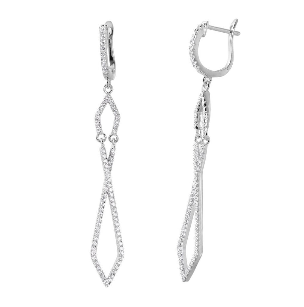 .925 Sterling Silver Rhodium Plated Dangling Open Square Cz Earrings