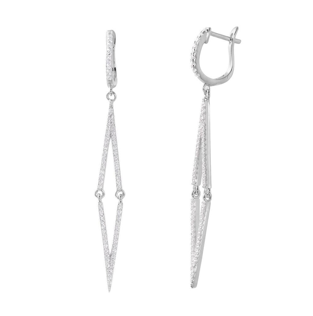 .925 Sterling Silver Rhodium Plated Dangling Long Thin Square Cz Earrings