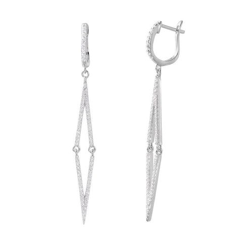 .925 Sterling Silver Rhodium Plated Dangling Long Thin Square Cz Earrings