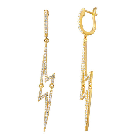 .925 Sterling Silver Gold Plated Dangling Lightning Cz Earrings