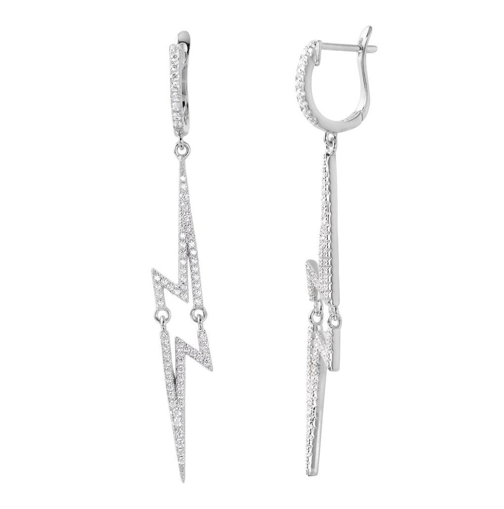 .925 Sterling Silver Rhodium Plated Dangling Lightning Cz Earrings