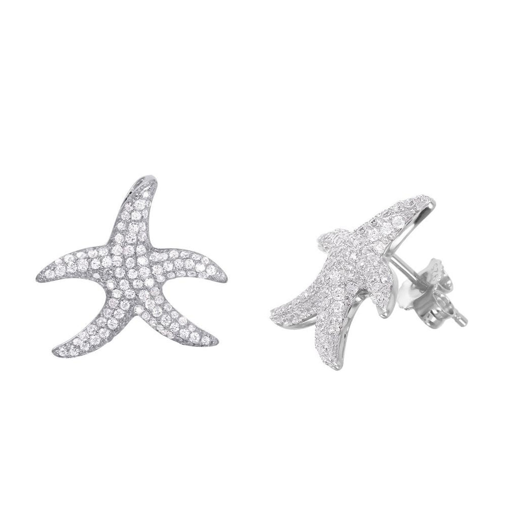 .925 Sterling Silver Rhodium Plated Starfish Cz Studded Earrings