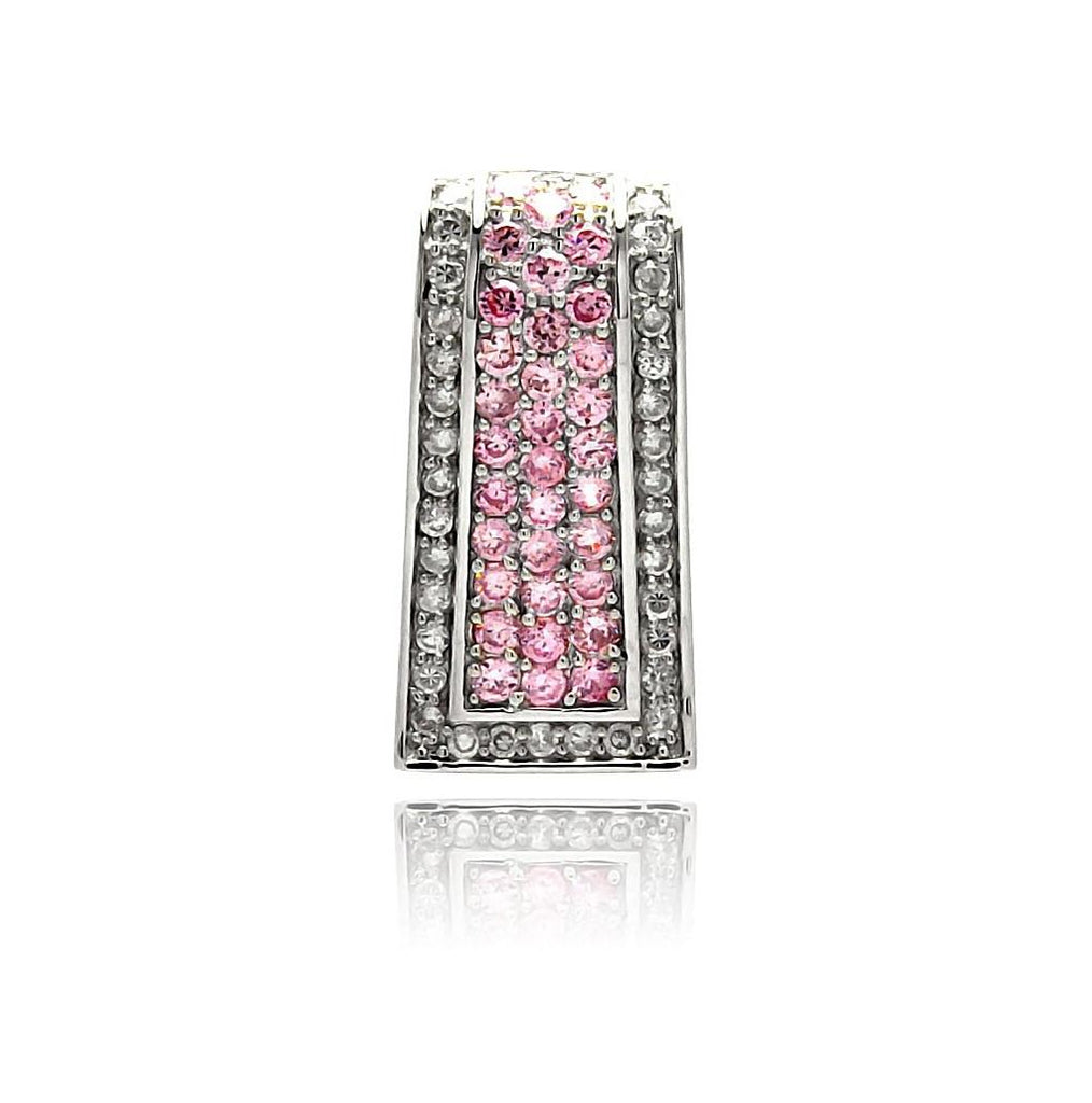 .925 Sterling Silver Rhodium Plated Channel Rectangular Pink Cz Pendant