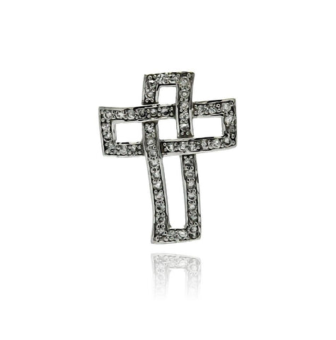 .925 Sterling Silver Rhodium Plated Open Crosst Cz Wire Hanging Pendant