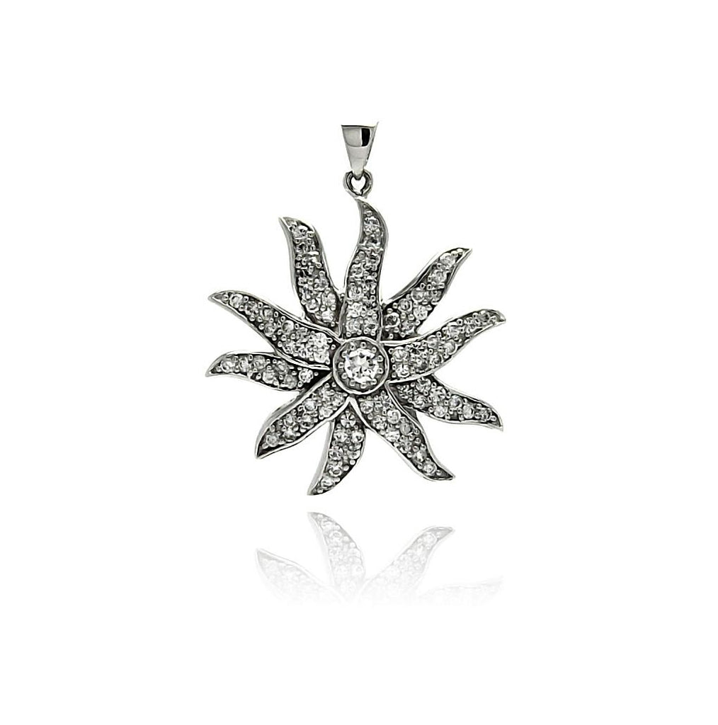 .925 Sterling Silver Rhodium Plated Flower Cz Wire Dangling Pendant