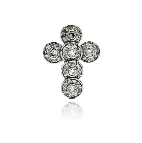 .925 Sterling Silver Rhodium Plated Round Cross Cz Dangling Pendant