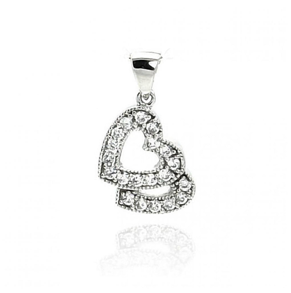 .925 Sterling Silver Rhodium Plated Open Two Heart Cz Dangling Pendant