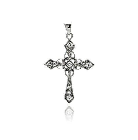 .925 Sterling Silver Rhodium Plated Cross Cz Dangling Pendant