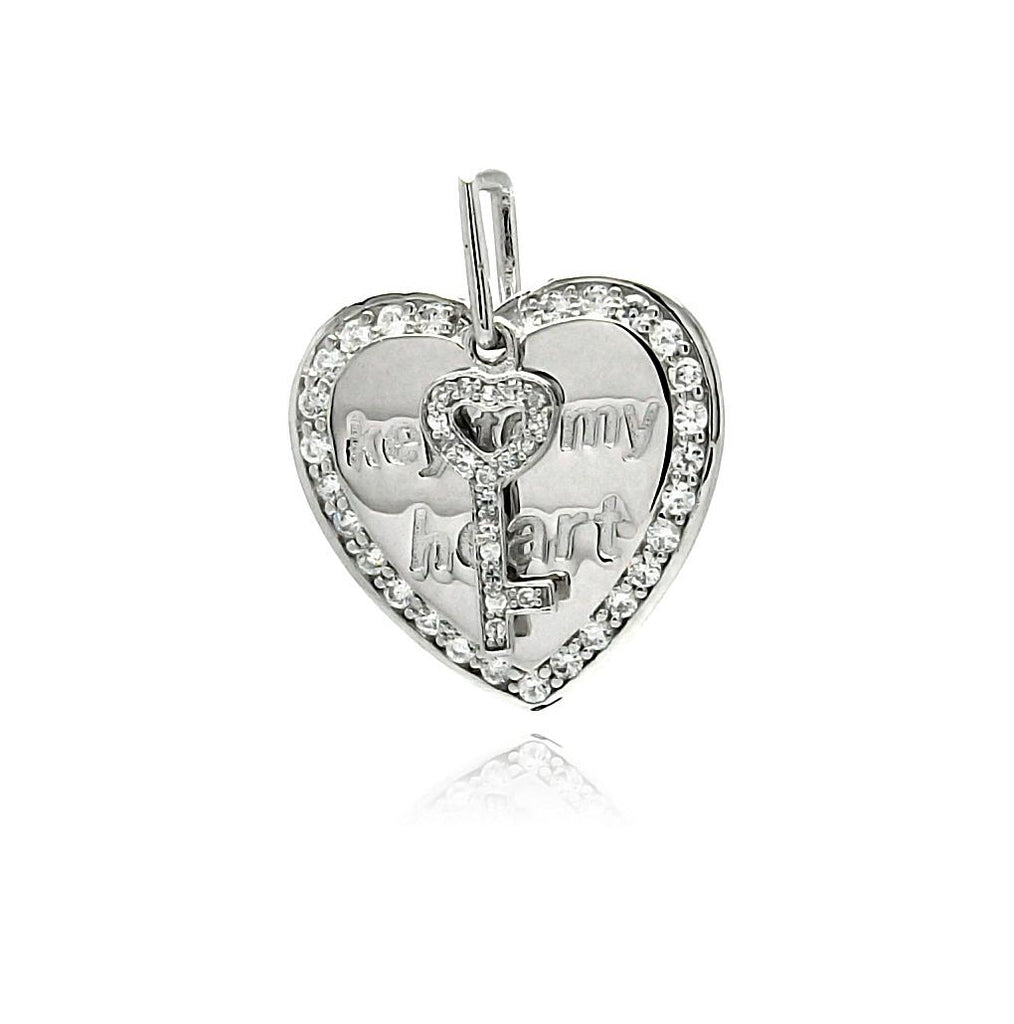 .925 Sterling Silver Rhodium Plated Heart Key Cz Dangling Pendant