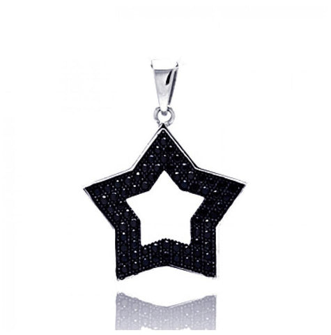 .925 Sterling Silver Black Rhodium Plated Open Star Micro Pave Cz Pendant