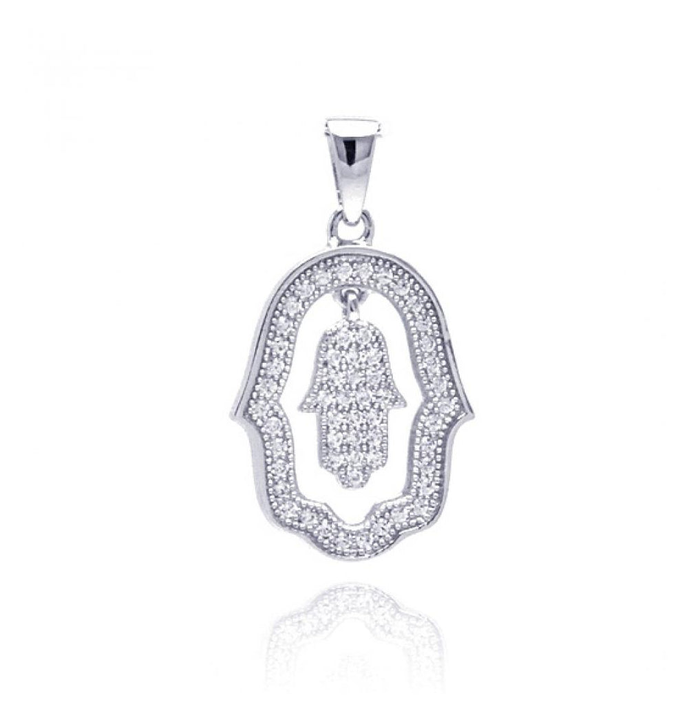 .925 Sterling Silver Rhodium Plated Open Hand Curvy Cricle Cz Dangling Pendant