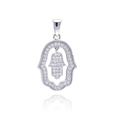 .925 Sterling Silver Rhodium Plated Open Hand Curvy Cricle Cz Dangling Pendant