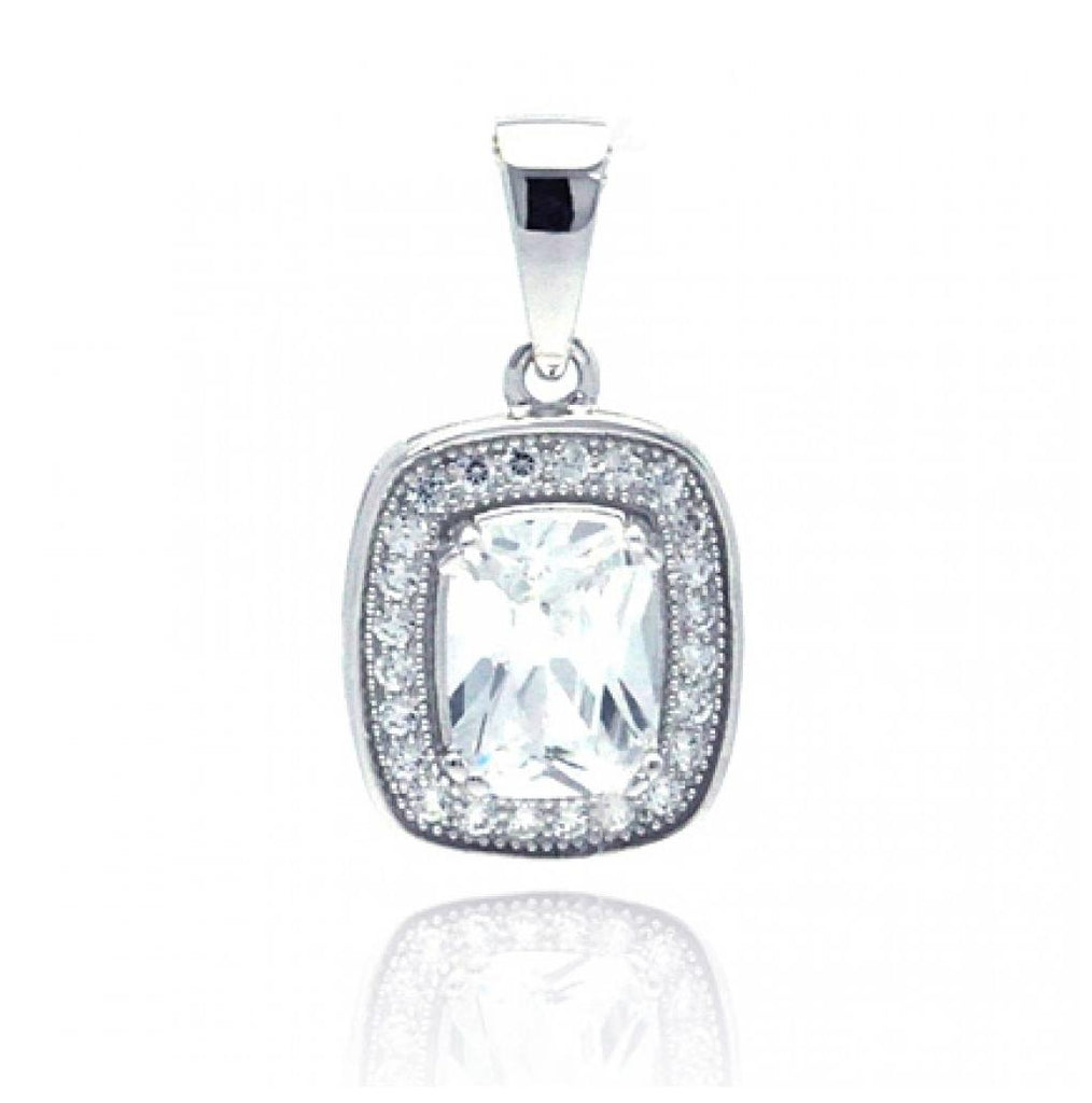 .925 Sterling Silver Rhodium Plated Rectangular Cz Dangling Pendant