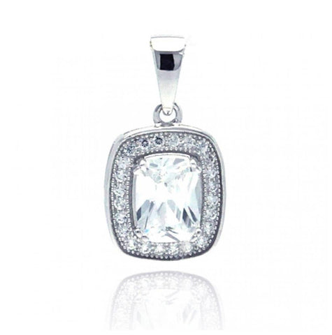 .925 Sterling Silver Rhodium Plated Rectangular Cz Dangling Pendant